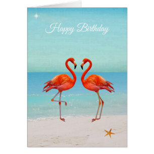 Belos Flamingos no Cartão de Aniversário de Praia