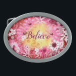 Belt Buckle Acredita em vermelhos cor-de-rosa bran<br><div class="desc">O texto pode ser editado para sua própria palavra,  frase,  nome,  etc. Flórida abstrato,  em pinks e vermelhos.</div>