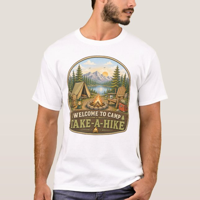 Bem-vindo à Camiseta do Acampamento Take-A-Hike (Frente)
