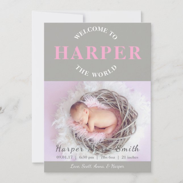 Bem-vindo ao anúncio de nascimento da cinza rosa d (Frente)