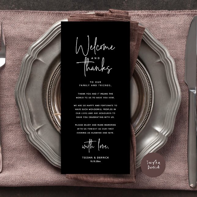 Bem-vindo e Obrigado Cartão de Agradecimento de Co (Welcome and Thanks Modern Wedding Dinner Place Setting Thank You Card in Classy Black)