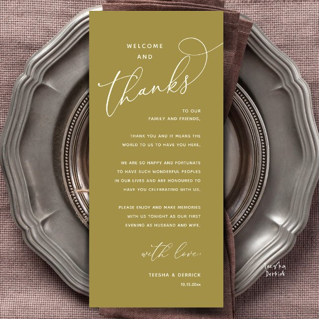Bem-vindo e Obrigado, Cartão de Agradecimento do J (Welcome and Thanks, Happily Ever After Modern Wedding Dinner Thank You Card in Classy Yellow Gold)