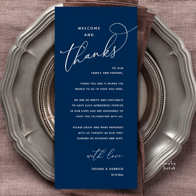 Bem-vindo e Obrigado, Cartão de Agradecimento do J (Welcome and Thanks, Happily Ever After Modern Wedding Dinner Thank You Card in Classy Navy Blue)