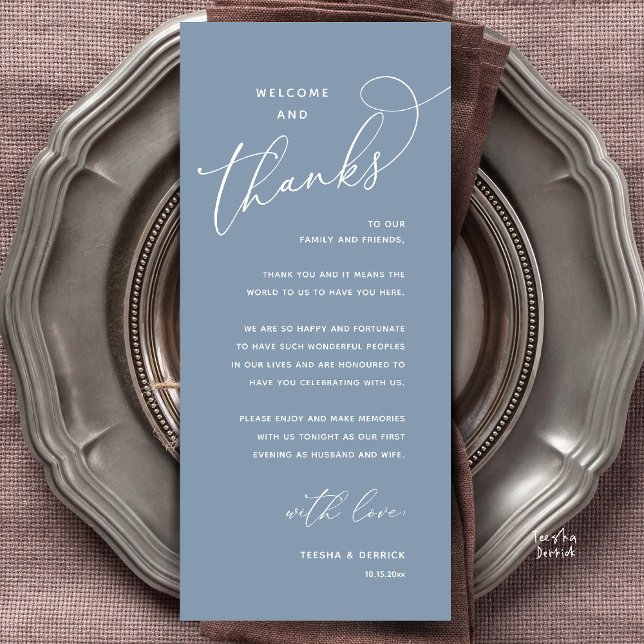 Bem-vindo e Obrigado, Cartão de Agradecimento do J (Welcome and Thanks, Happily Ever After Modern Wedding Dinner Thank You Card in Classy Dusty Blue)