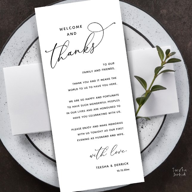 Bem-vindo e Obrigado, Cartão de Agradecimento do J (Welcome and Thanks, Wedding Dinner Thank You Card in Black and white)