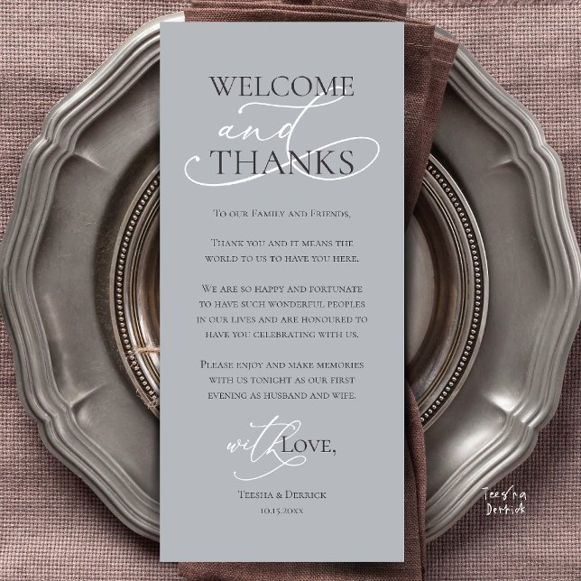 Bem-vindo e Obrigado, Cartão de Agradecimento do J (Welcome and Thanks, Wedding Dinner Thank You Card in Charcoal Chill Grey)