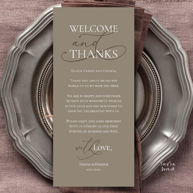 Bem-vindo e Obrigado, Cartão de Agradecimento do J (Welcome and Thanks, Wedding Dinner Thank You Card in Taupe Brown)