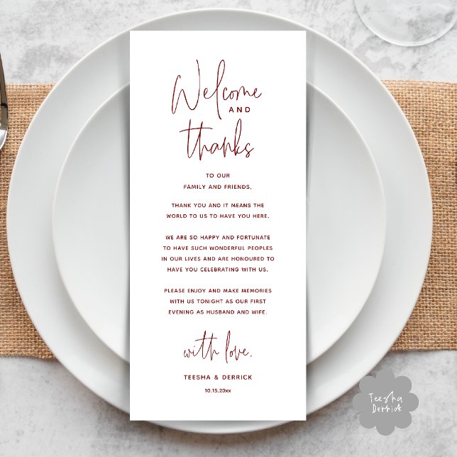 Bem-vindo e Obrigado, Cartão de Agradecimento do J (Welcome and Thanks, Wedding Dinner Thank You Card in Burgundy Wine Deep Red)