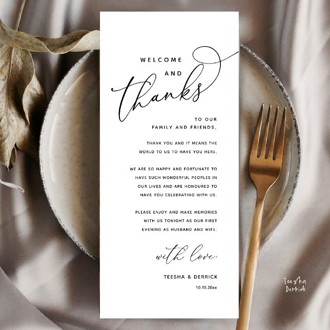 Bem-vindo e Obrigado, Cartão de Agradecimento para (Welcome n Thanks Wedding Reception Dinner Brunch Lunch Thank You Card in Black White)