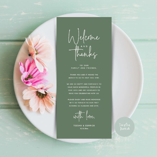 Bem-vindo e Obrigado Lugar Configuração Cartão de  (Welcome and Thanks Modern Wedding Dinner Place Setting Thank You Card in Sage Green)