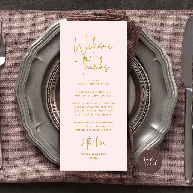 Bem-vindo e Obrigado Lugar Configuração Cartão de  (Welcome and Thanks Modern Wedding Dinner Place Setting Thank You Card in Gold Blush)