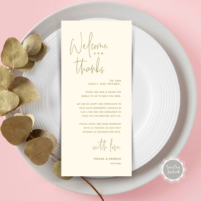 Bem-vindo e Obrigados, colocar Cartões de agradeci (Welcome and Thanks, Dinner Place Setting Thank You Card, Modern Romantic, in Classy Yellow Gold)