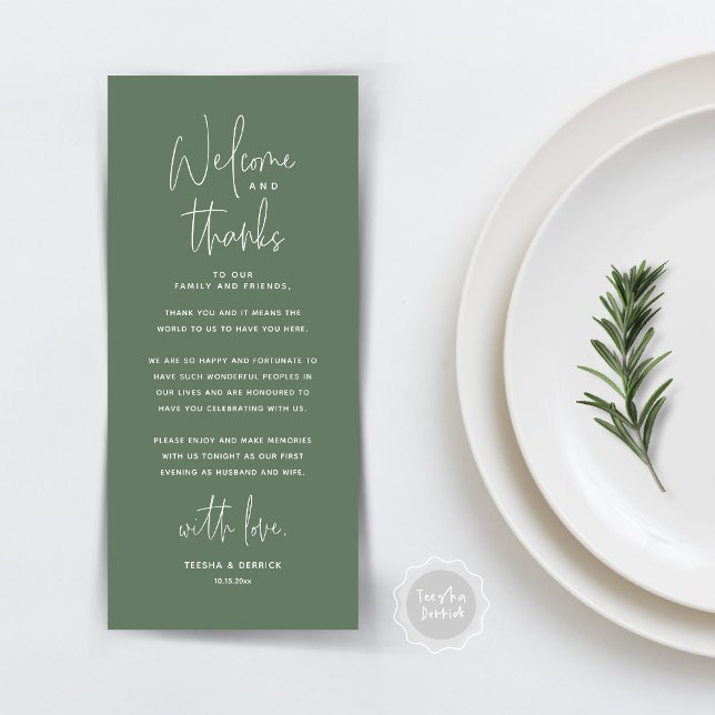 Bem-vindo e Obrigados, colocar Cartões de agradeci (Wedding Dinner Place Setting Thank You Card, Welcome and Thanks, in Sage Green)