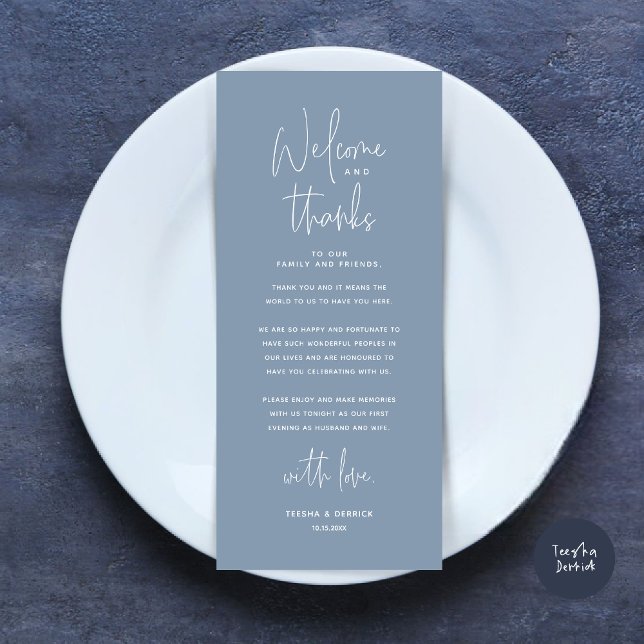 Bem-vindo e Obrigados, colocar Cartões de agradeci (Welcome and Thanks, Modern Dinner Place Setting Thank You Card, in Dusty Blue)