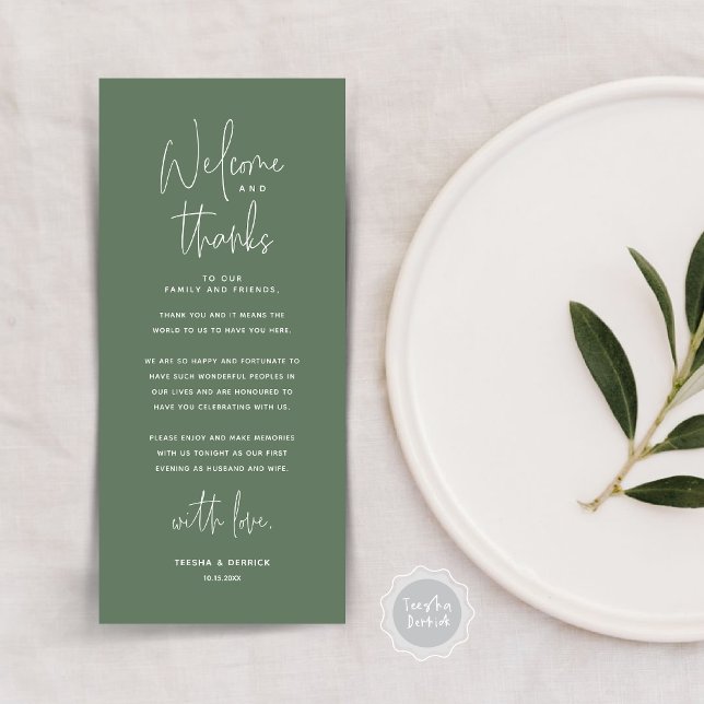 Bem-vindo e Obrigados, colocar Cartões de agradeci (Welcome and Thanks, Modern Dinner Place Setting Thank You Card, in Forest Sage Green)