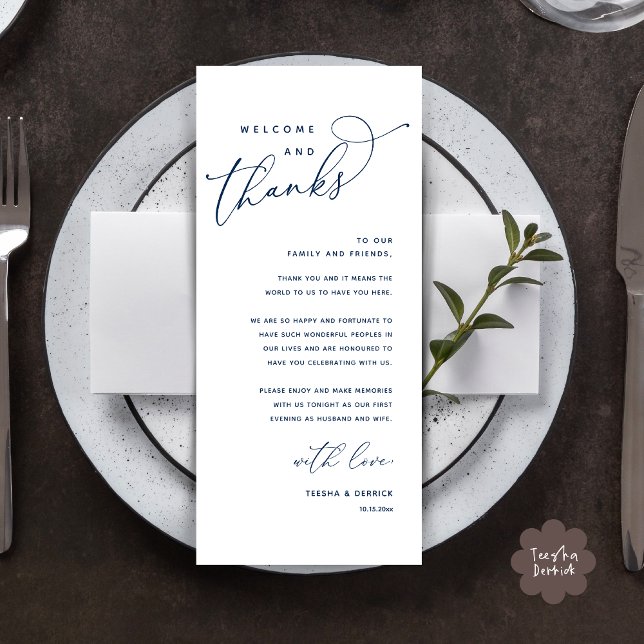Bem-vindo e Obrigados, colocar Cartões de agradeci (Welcome and Thanks, Modern Wedding Dinner Brunch Lunch Place Setting Thank You Card in Navy Blue)