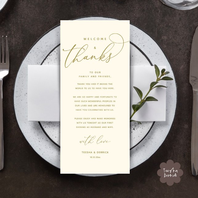 Bem-vindo e Obrigados, colocar Cartões de agradeci (Welcome and Thanks, Modern Wedding Dinner Brunch Lunch Place Setting Thank You Card in Yellow Gold)