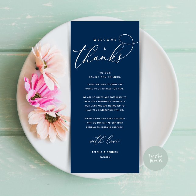 Bem-vindo e Obrigados, colocar Cartões de agradeci (Welcome and Thanks, Modern Wedding Dinner Brunch Lunch Place Setting Thank You Card in Navy Blue)