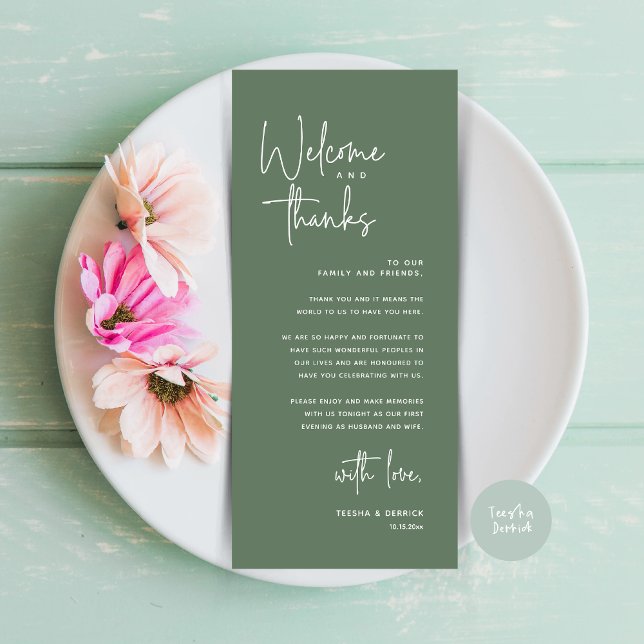 Bem-vindo e Obrigados, colocar Cartões de agradeci (Welcome and Thanks, Modern Wedding Dinner Brunch Lunch Place Setting Thank You Card in Sage Green)