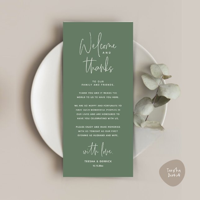 Bem-vindo e Obrigados, colocar Cartões de agradeci (Welcome and Thanks, Place Setting Thank You Dinner Party Card in Forest Sage Green)