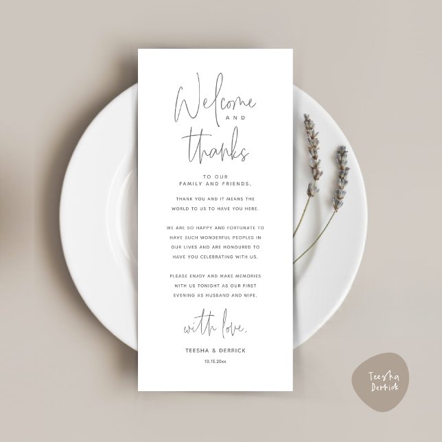 Bem-vindo e Obrigados, colocar Cartões de agradeci (Welcome and Thanks, Wedding Dinner Place Setting Thank You Card, in Classy Dark Grey)