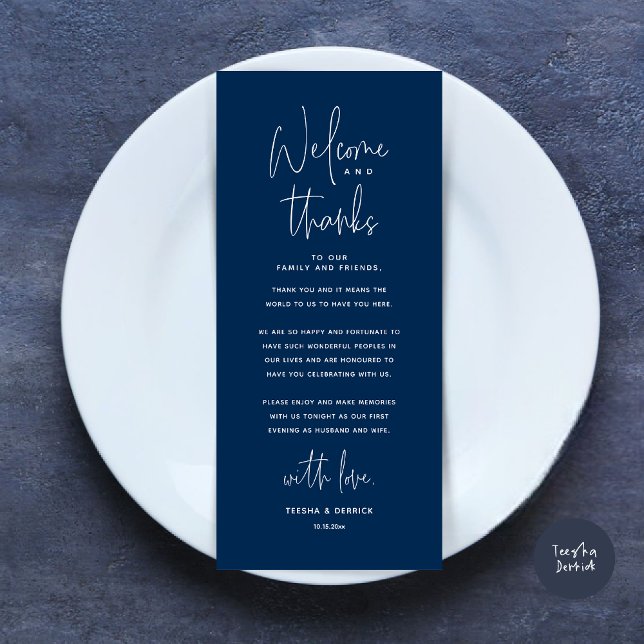 Bem-vindo e Obrigados, colocar Cartões de agradeci (Welcome and Thanks, Wedding Dinner Place Setting Thank You Card, in Classy Navy Blue)