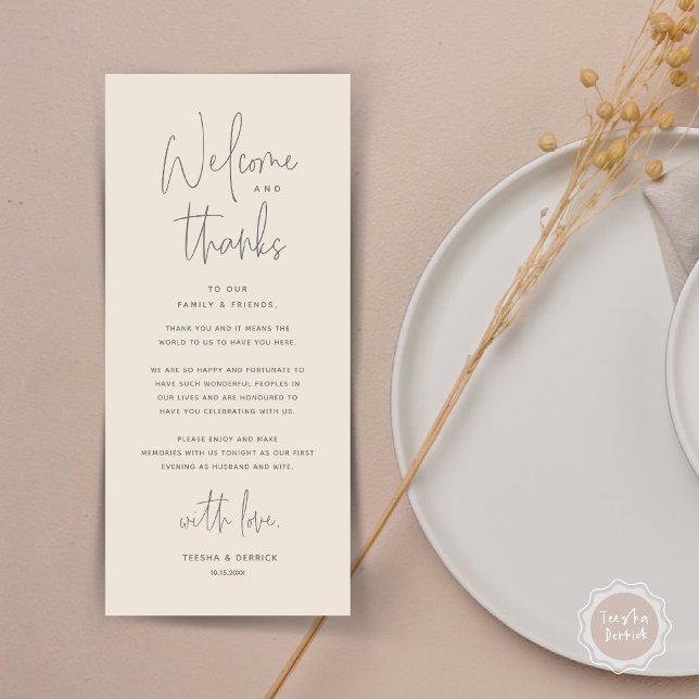 Bem-vindo e Obrigados, colocar Cartões de agradeci (Welcome and Thanks, Wedding Dinner Place Setting Thank You Card in Dark Grey Cream)