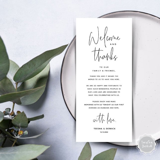 Bem-vindo e Obrigados, colocar Cartões de agradeci (Welcome and Thanks, Wedding Dinner Place Setting Thank You Card in Black and White)