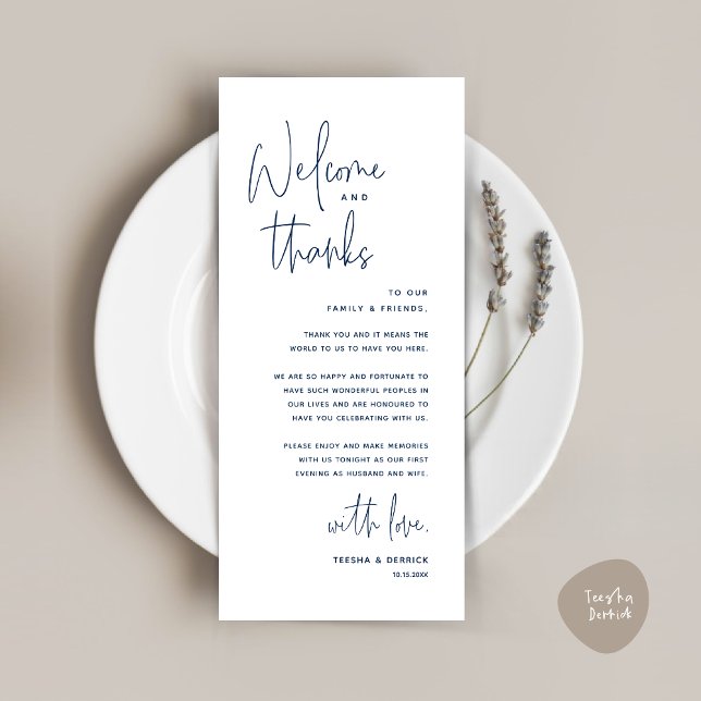 Bem-vindo e Obrigados, colocar Cartões de agradeci (Welcome and Thanks, Wedding Dinner Place Setting Thank You Card in Classy Navy Blue)