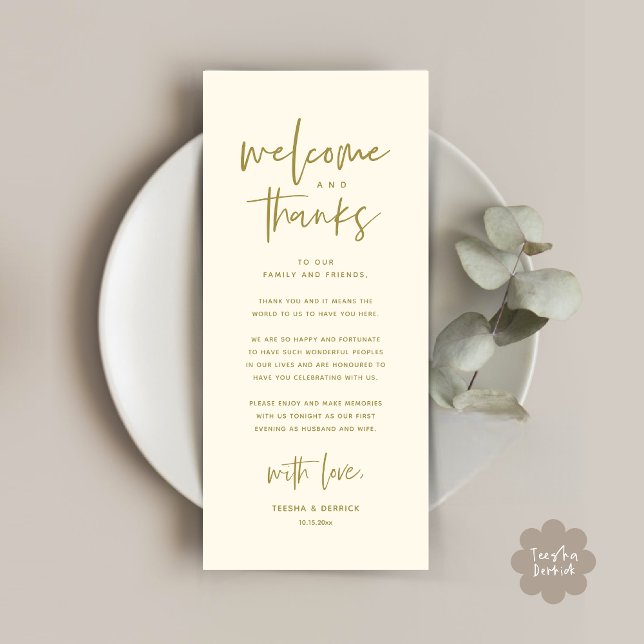 Bem-vindo e Obrigados, colocar Cartões de agradeci (Welcome and Thanks, Modern Wedding Dinner Brunch Party Place Setting Thank You Card Yellow Gold)