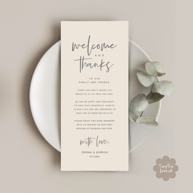 Bem-vindo e Obrigados, colocar Cartões de agradeci (Welcome and Thanks, Modern Wedding Dinner Brunch Party Place Setting Thank You Card Cream Grey)