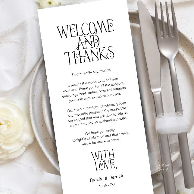 Bem-vindo & Obrigado, Cartão de Agradecimento de J (Welcome & Thanks, Place Setting Thank You Card in Black and white)
