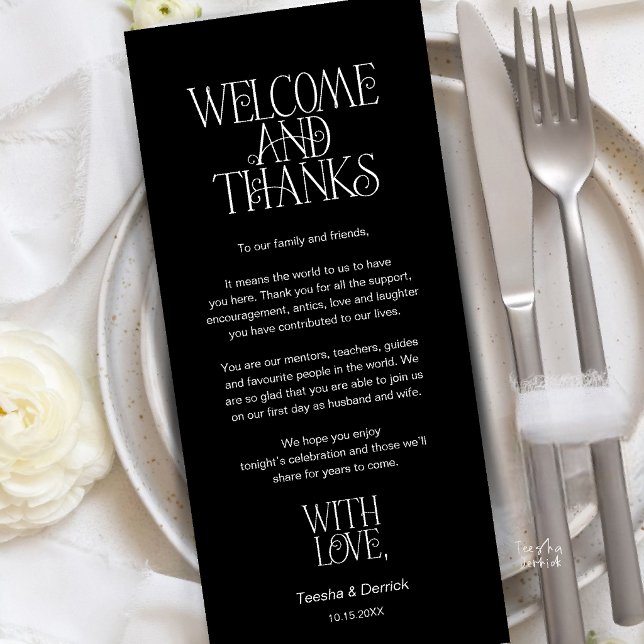 Bem-vindo & Obrigado, Cartão de Agradecimento de J (Welcome & Thanks, Place Setting Thank You Card in Classy Black)