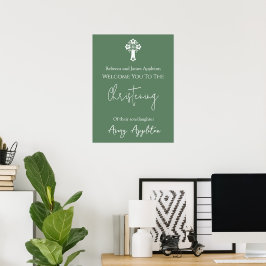 Bem-vindo Poster Floral Cross Christening Fern Gre