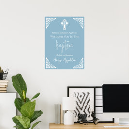 Bem-vindo Poster Floral Cross Christening Sky Blue