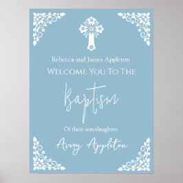 Bem-vindo Poster Floral Cross Christening Sky Blue
