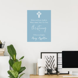 Bem-vindo Poster Floral Cross Christening Sky Blue
