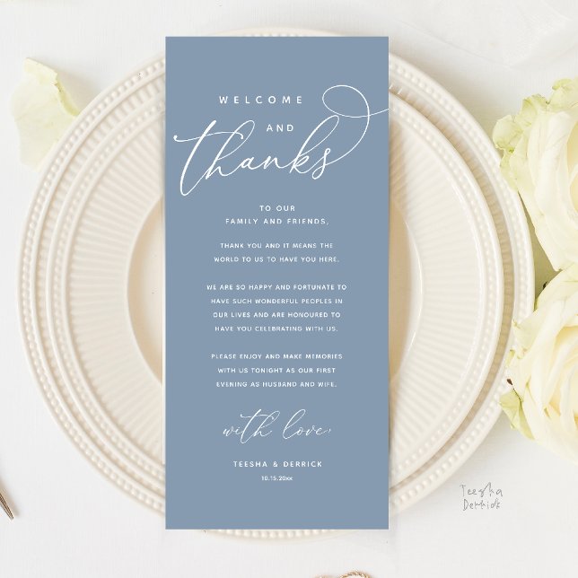 Bem-vindos e Obrigados, Cartões de agradecimentos  (Welcome and Thanks, Modern Boho Wedding Reception Place Setting Thank You Card in Dusty Blue)