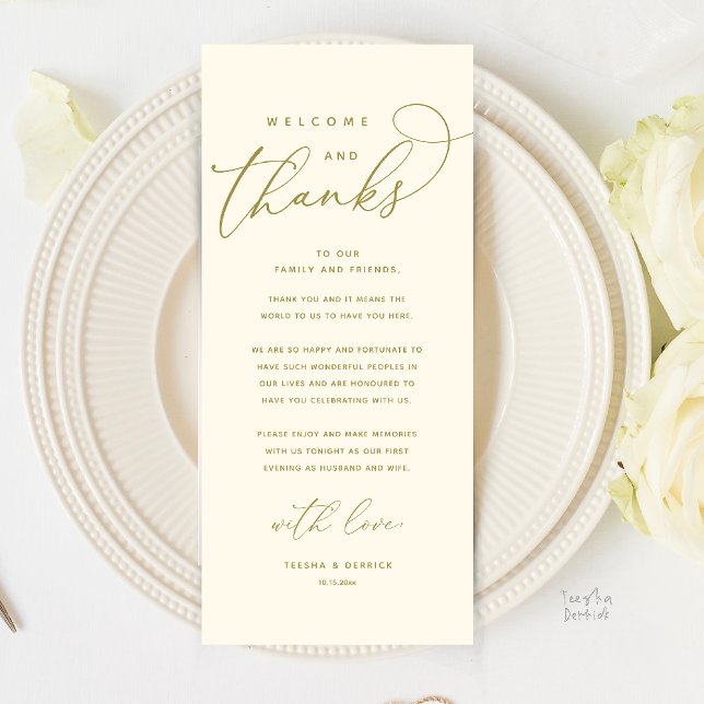 Bem-vindos e Obrigados, Cartões de agradecimentos  (Welcome and Thanks, Modern Dinner Wedding Boho Reception Thank You Card in Yellow Gold)