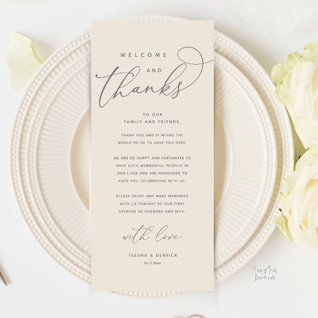 Bem-vindos e Obrigados, Cartões de agradecimentos  (Welcome and Thanks, Modern Dinner Wedding Boho Reception Thank You Card in Cream Grey)