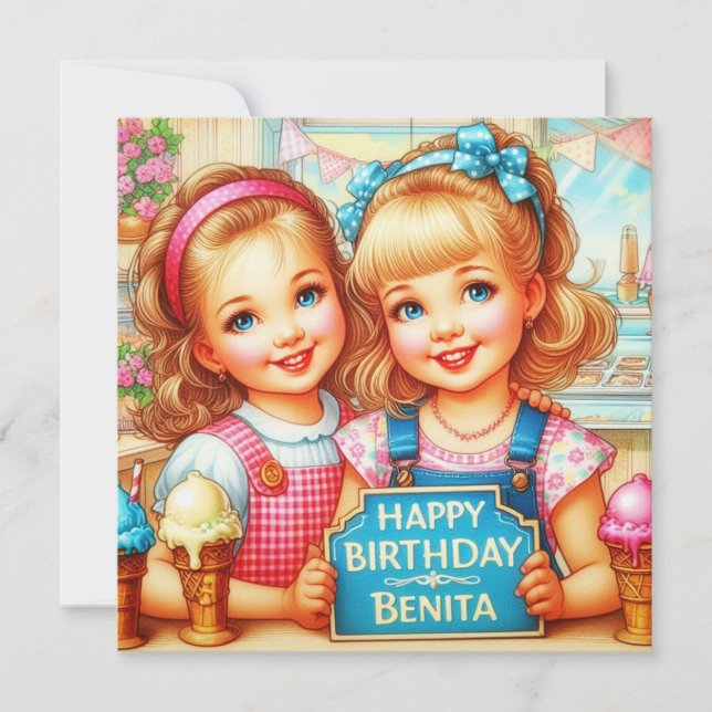BENITA ~ Cartão de Aniversário ~ 2 Meninas Doce ~ (Frente)