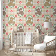 Berçário Ursinho Gingham Floral em Bege e Sage