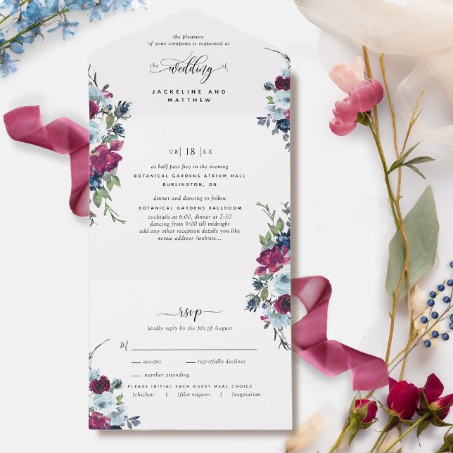 Berry, Blue, Casamento Burgundy com RSVP Perfurado (Criador carregado)