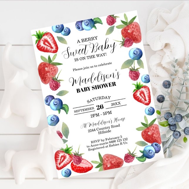Berry Chá de fraldas Convite Berry Sweet Baby (Berry Sweet Baby' Shower Invitation! This design bursts with juicy strawberries, blueberries)