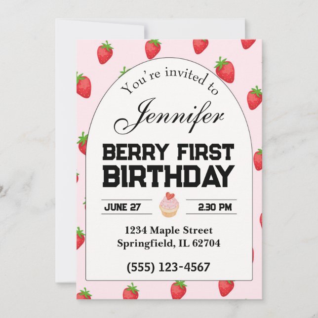 Berry First Birthday Convite Strawberry Convite (Frente)