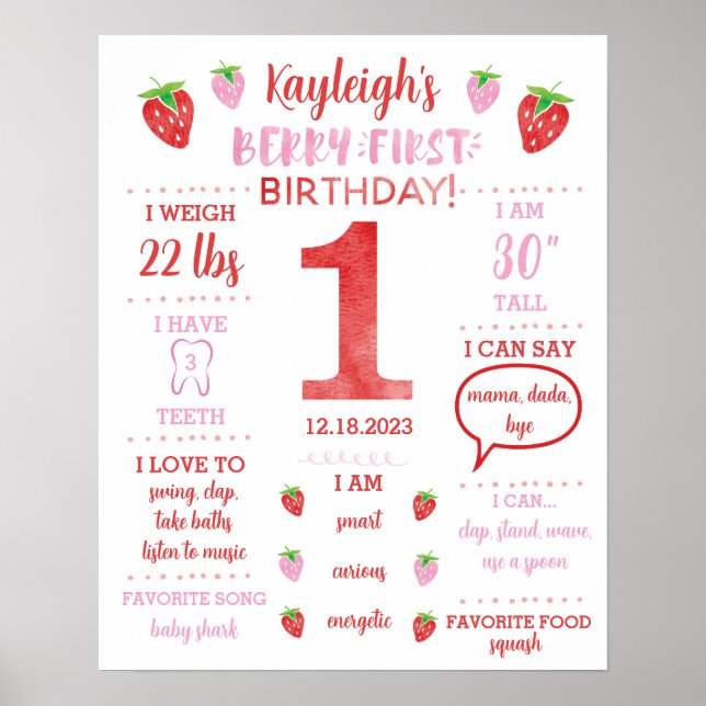 Berry First Birthday Milestone Poster (Frente)