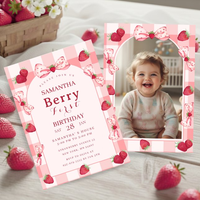 Berry First Birthday Photo Bow Gingham  Invitation (Berry First Birthday Photo Red Gingham Invitation)