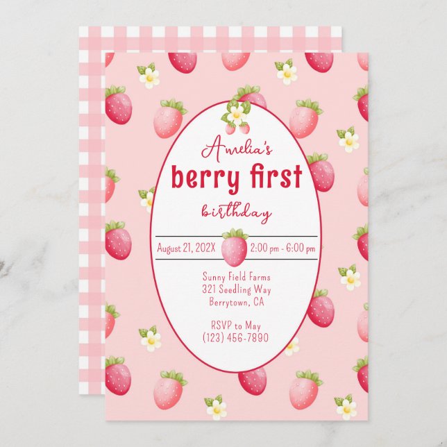 Berry First Birthday Strawberry Convite (Frente/Verso)
