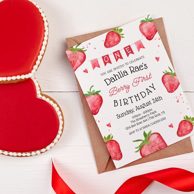Berry First Birthday Strawberry Convite (Criador carregado)
