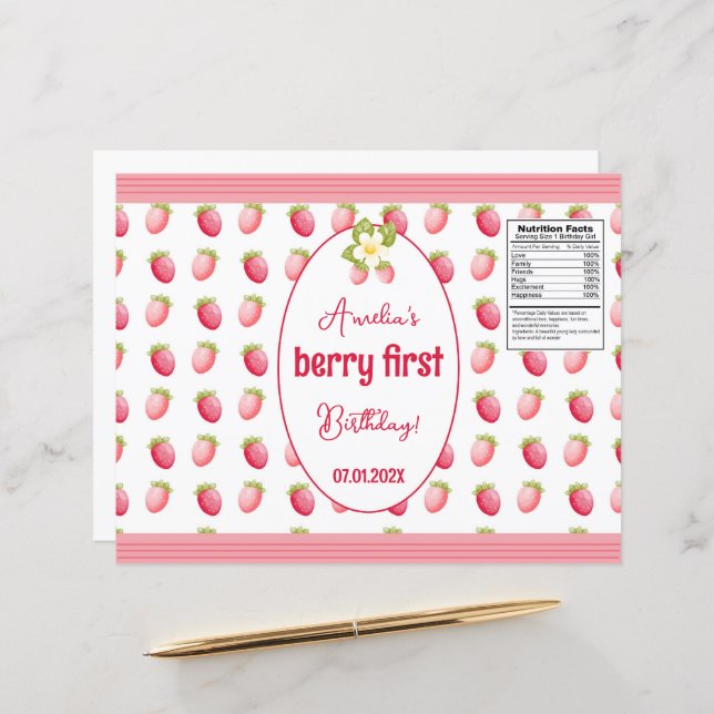 Berry First Birthday Strawberry Design (Frente/Verso In Situ)